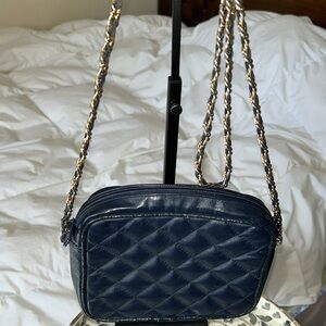 NAVY BLUE evening purse. Gold accents. Crossbody on trend and gorgeous!